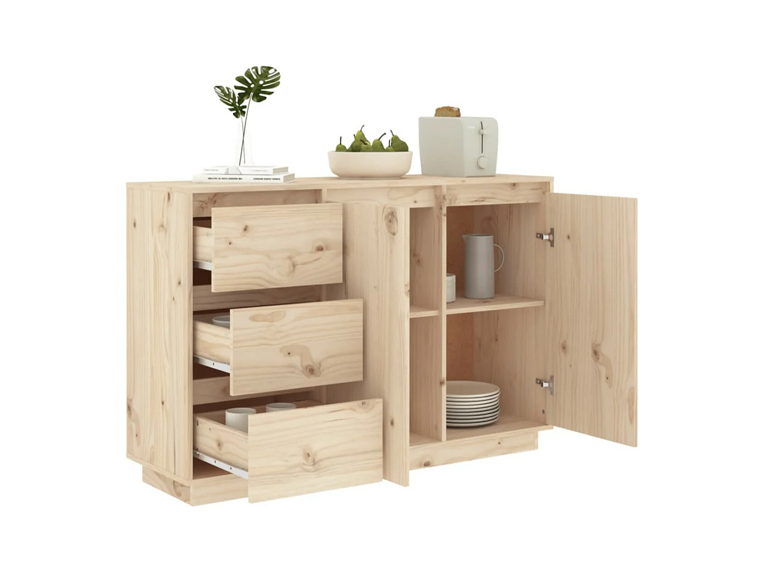 Petit buffet 2 portes 3 tiroirs en bois massif de pin Romane – Style classique et fonctionnel-Couleur Naturel