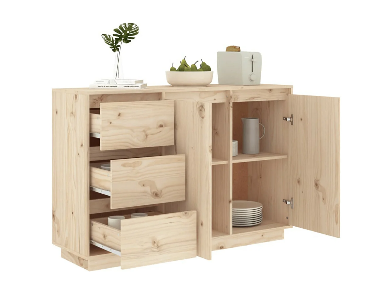 Petit buffet 2 portes 3 tiroirs en bois massif de pin Romane – Style classique et fonctionnel-Couleur Naturel