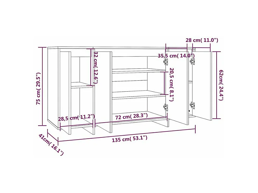 Petit buffet 4 portes 135cm – Modèle Polina-Couleur Marron fumé
