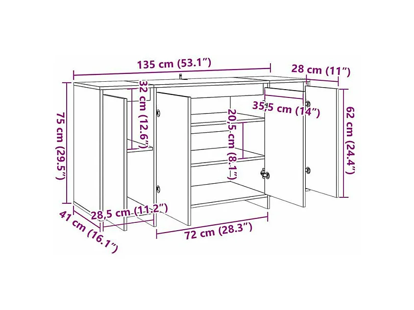 Petit buffet 4 portes 135cm – Modèle Polina-Couleur Marron fumé
