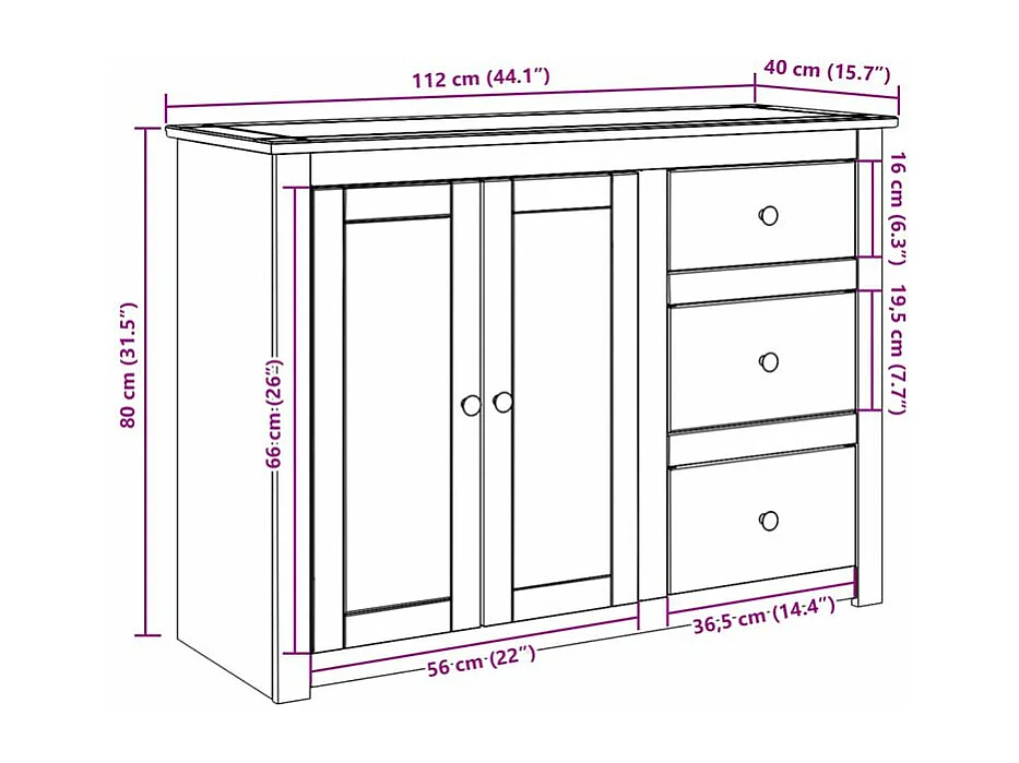 Buffet avec tiroirs Panama 112x40x80 bois massif de pin