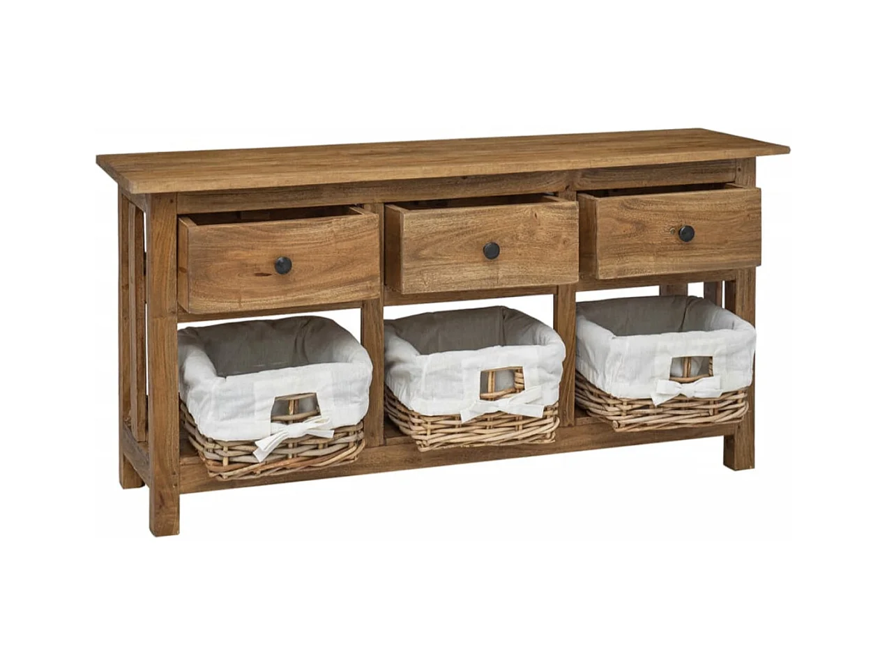 Buffet 3 tiroirs 3 paniers en rotin amovibles Mostane 100cm - Bois d'acajou massif
