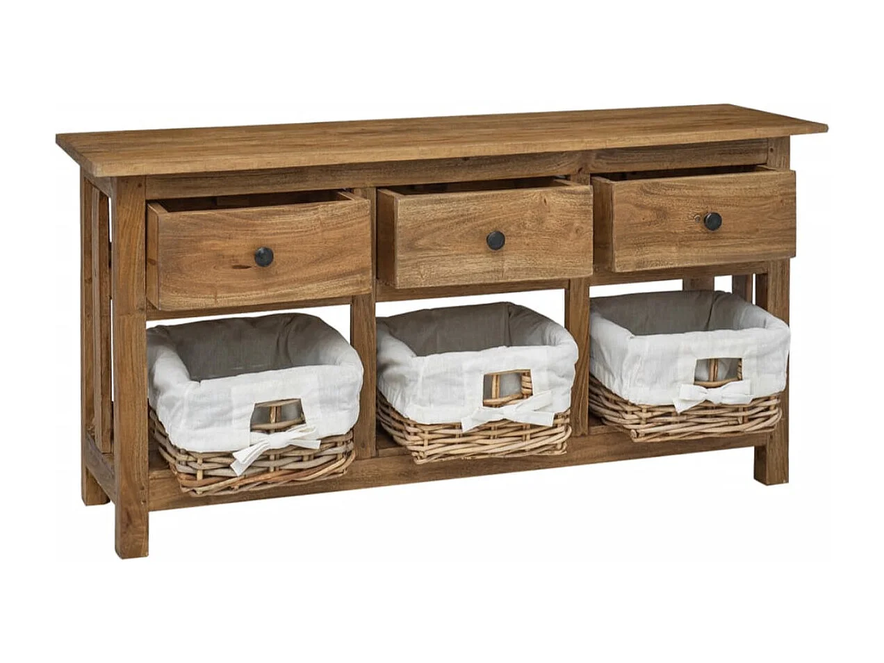 Buffet 3 tiroirs 3 paniers en rotin amovibles Mostane 100cm - Bois d'acajou massif