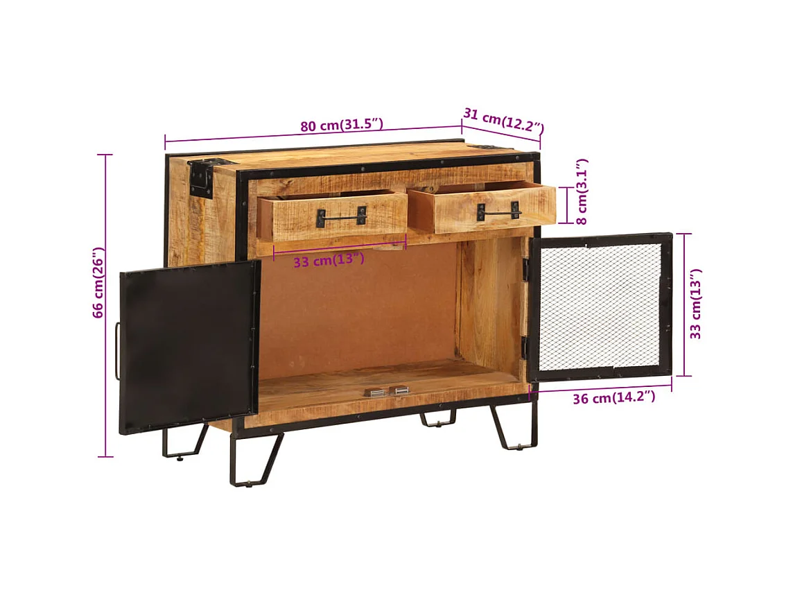 Buffet 80x31x66 bois de manguier brut massif et métal