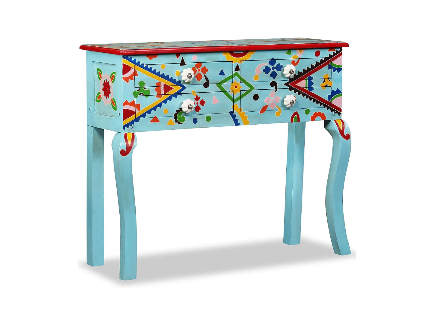 Table console Bois de manguier massif Bleu peint à la main