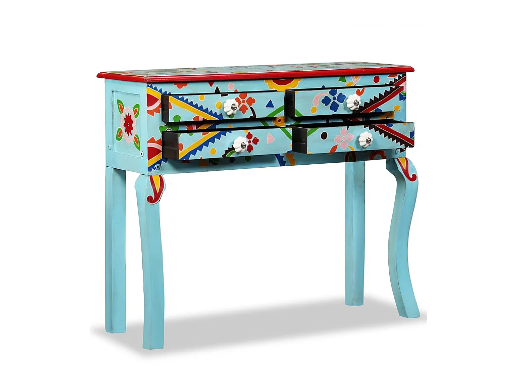 Table console Bois de manguier massif Bleu peint à la main