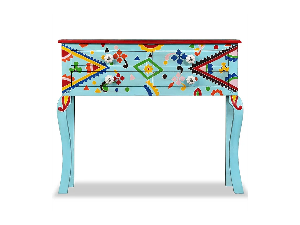 Table console Bois de manguier massif Bleu peint à la main