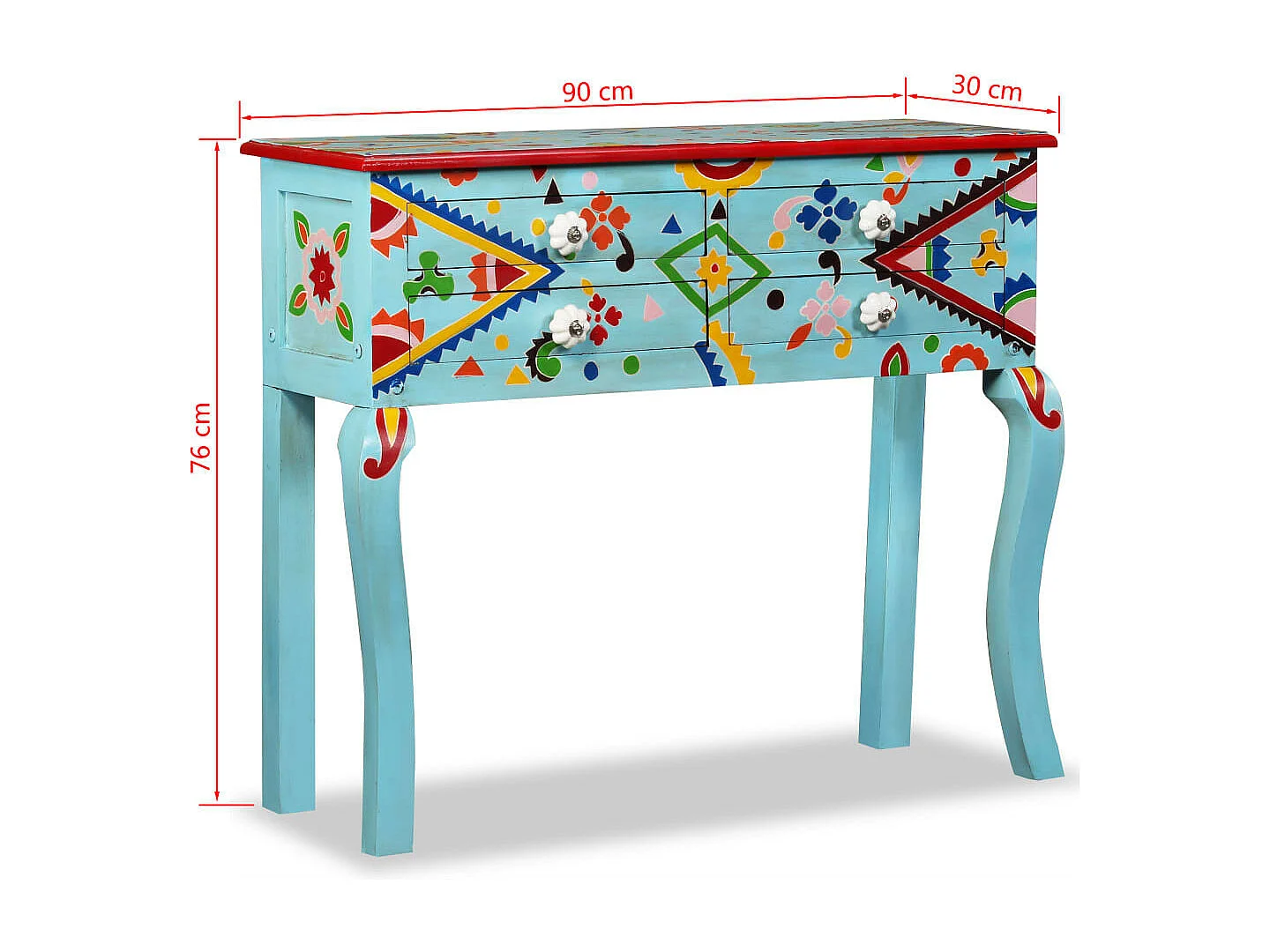 Table console Bois de manguier massif Bleu peint à la main
