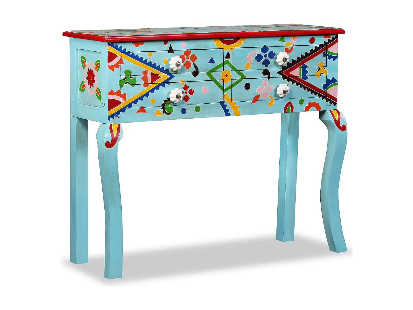 Table console Bois de manguier massif Bleu peint à la main