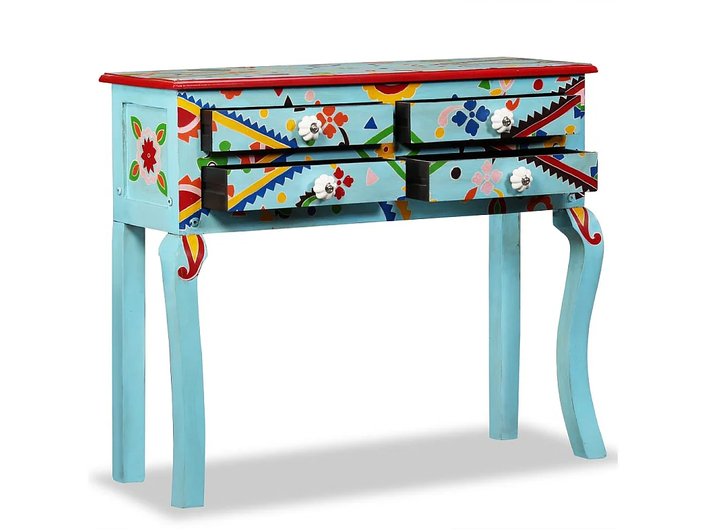 Table console Bois de manguier massif Bleu peint à la main