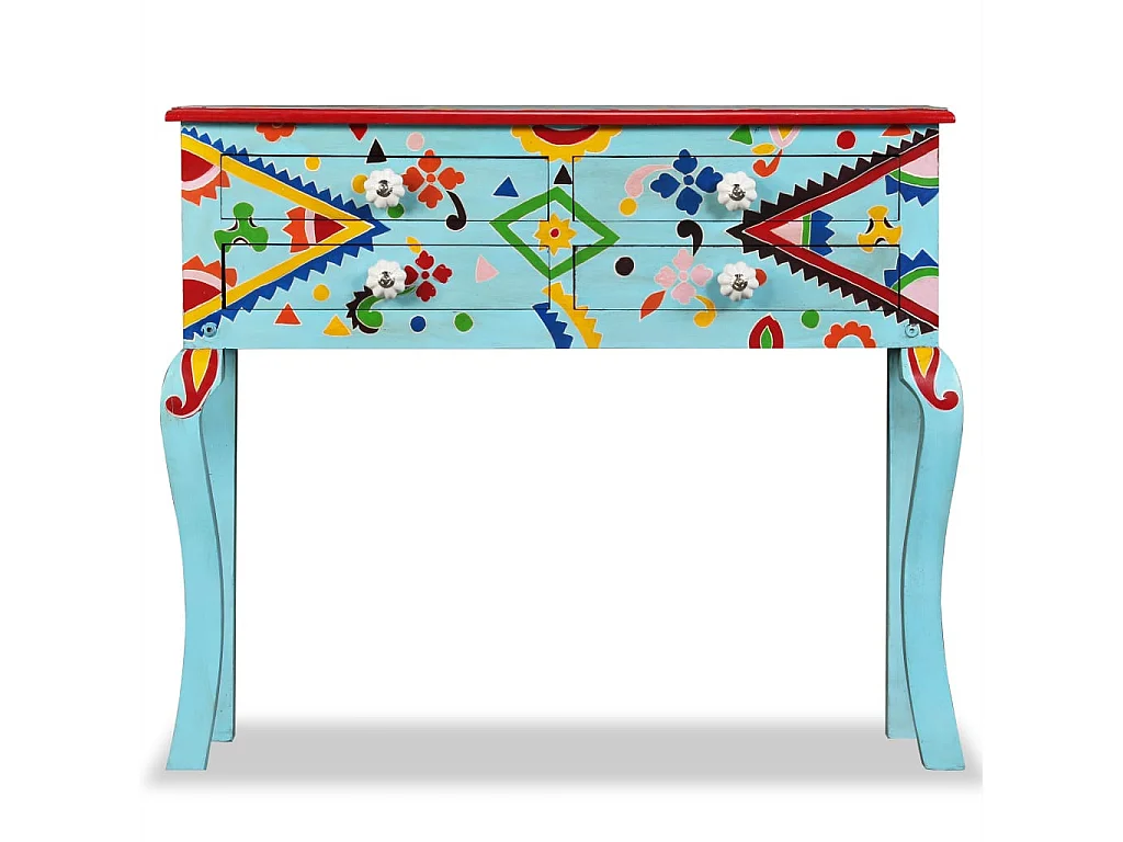 Table console Bois de manguier massif Bleu peint à la main