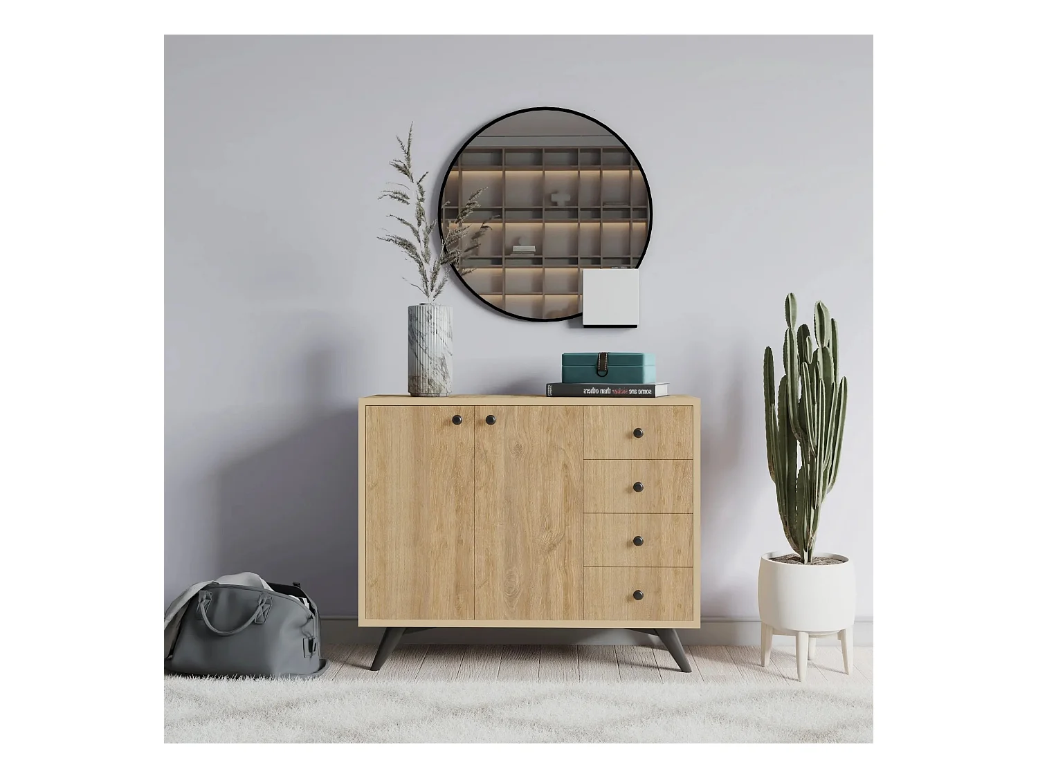 Commode 2 portes 4 tiroirs chêne clair 100cm