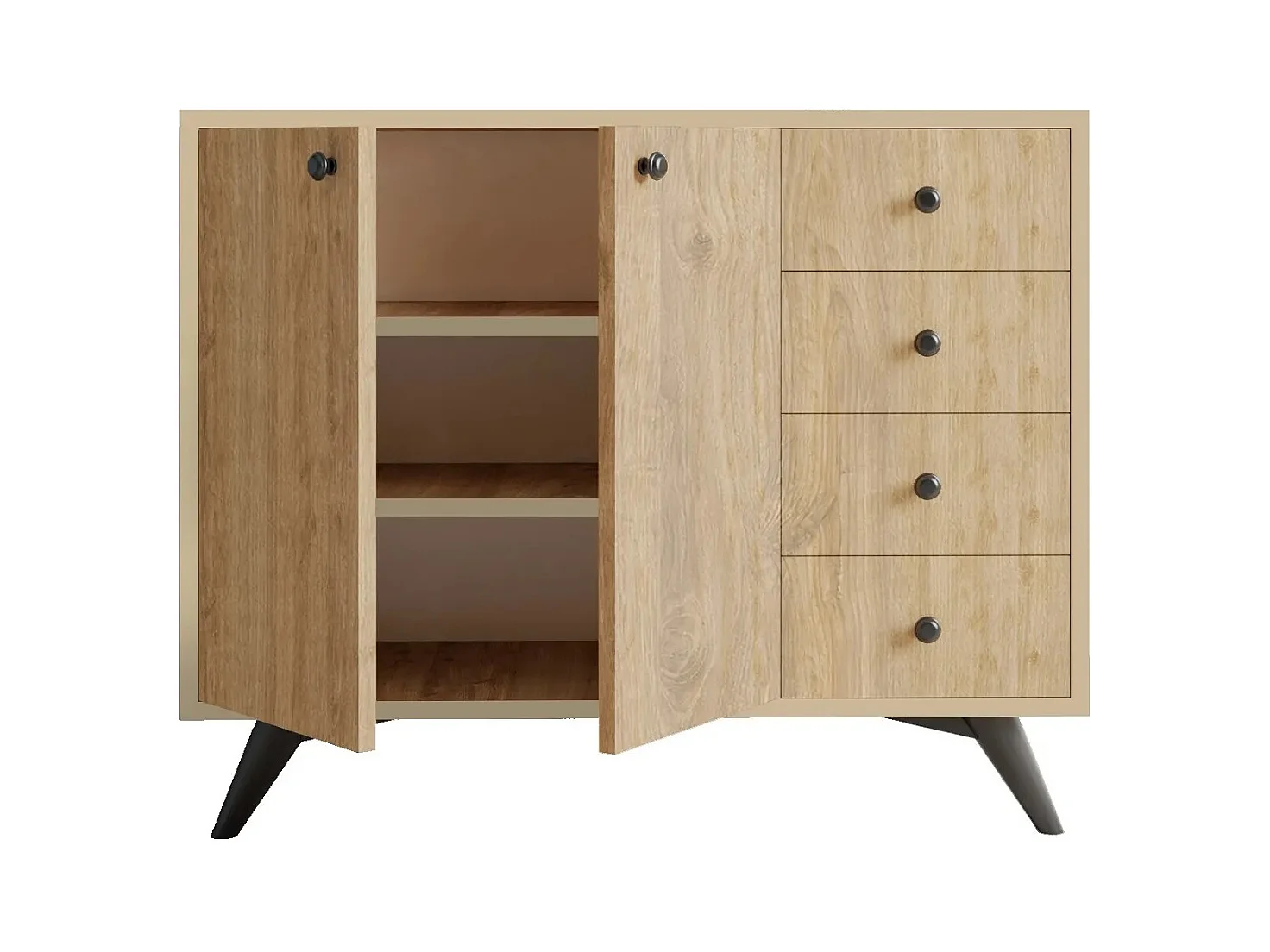 Commode 2 portes 4 tiroirs chêne clair 100cm