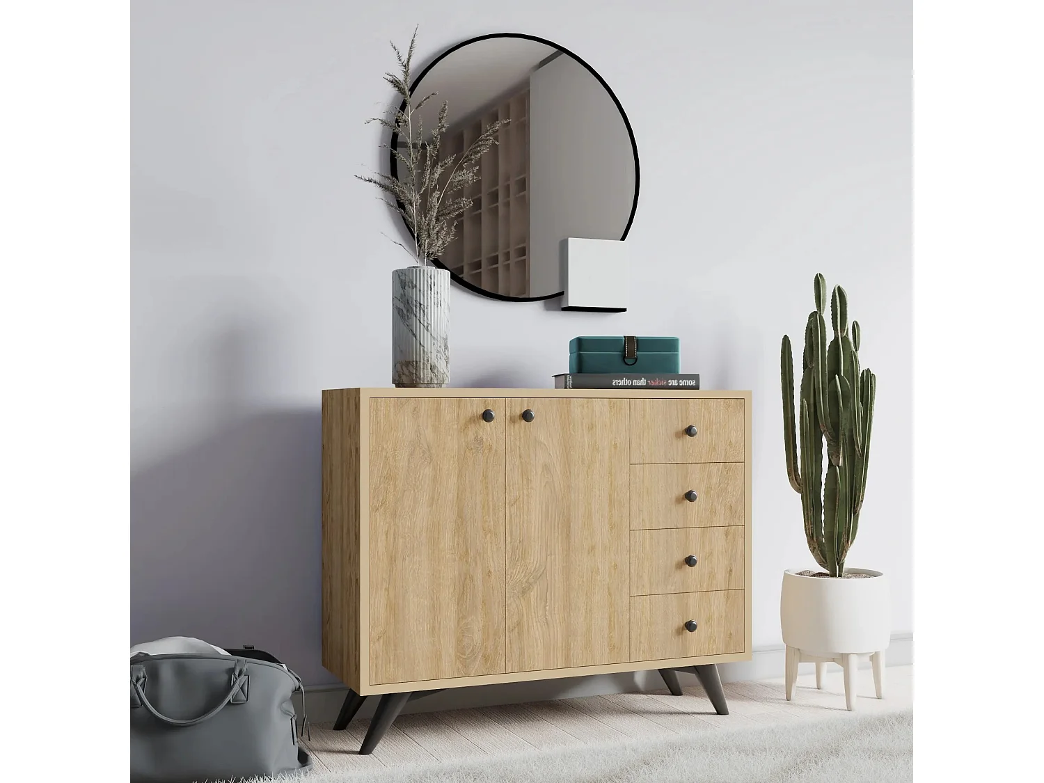 Commode 2 portes 4 tiroirs chêne clair 100cm