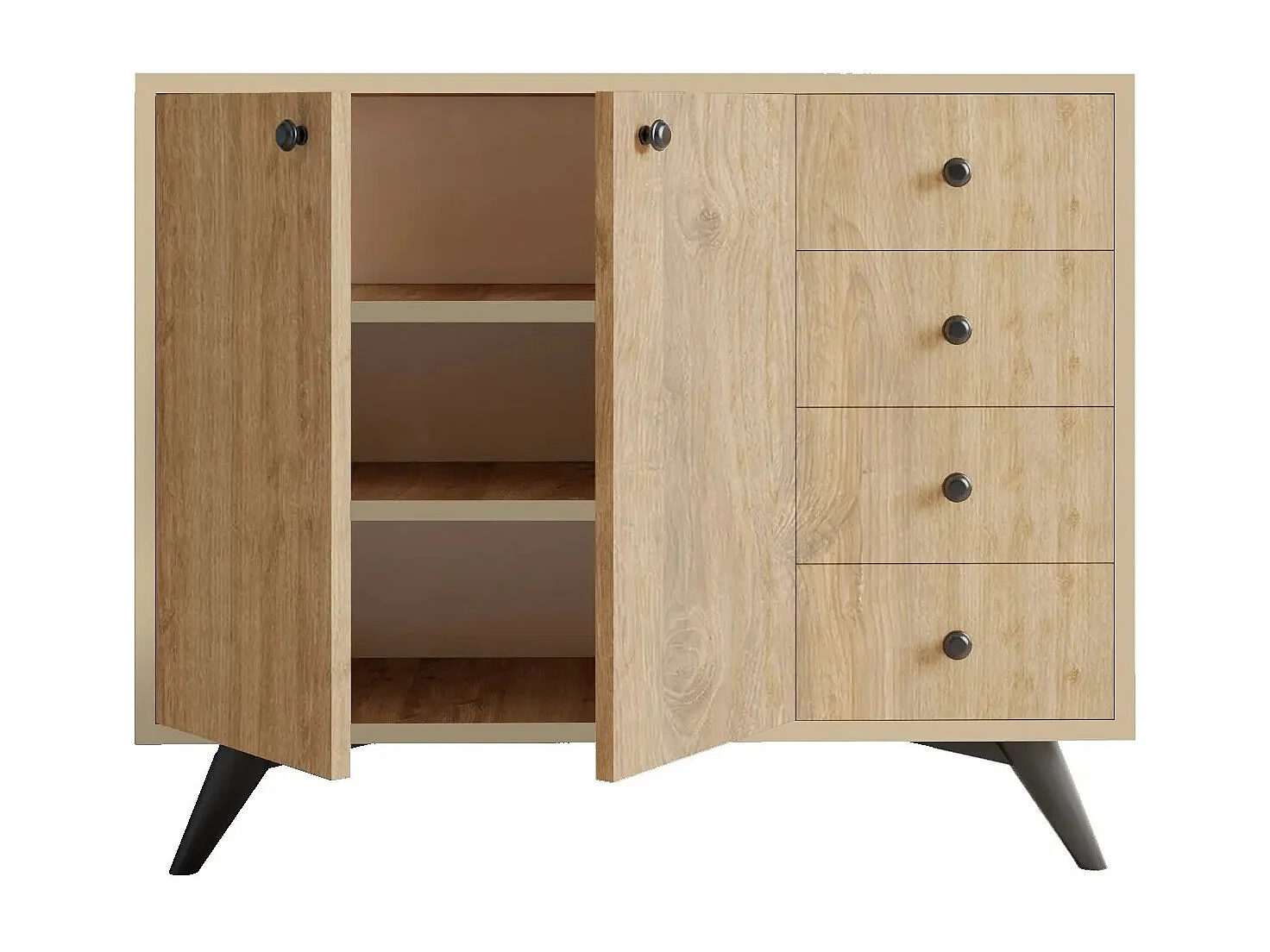 Commode 2 portes 4 tiroirs chêne clair 100cm