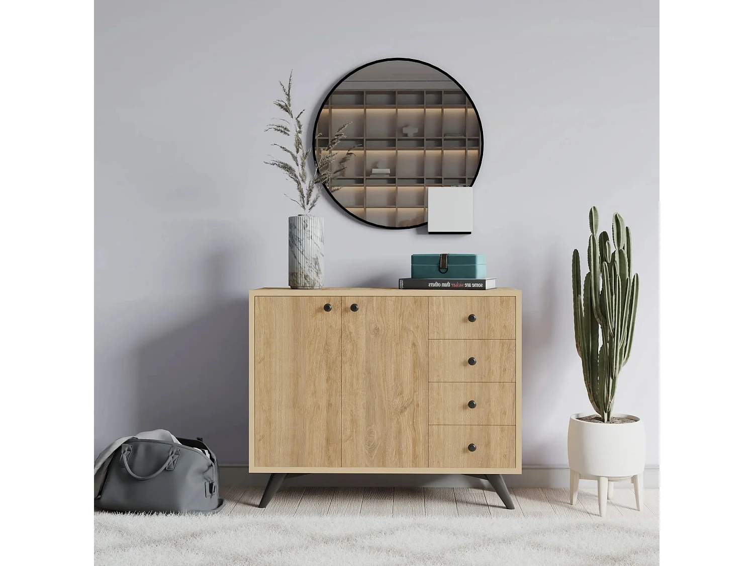 Commode 2 portes 4 tiroirs chêne clair 100cm