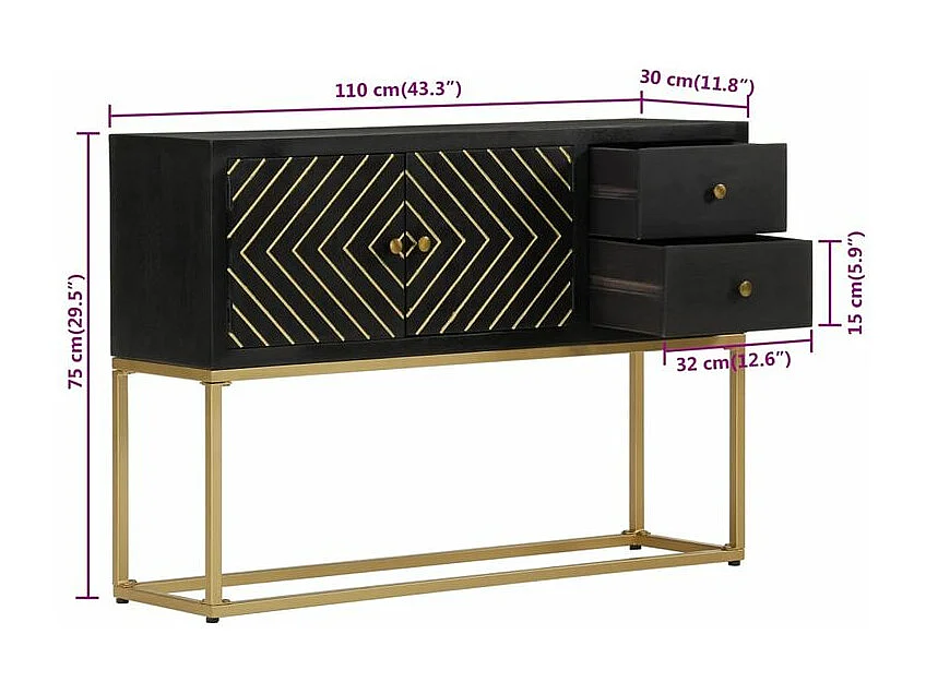 Buffet noir et doré 110x30x75 bois massif de manguier