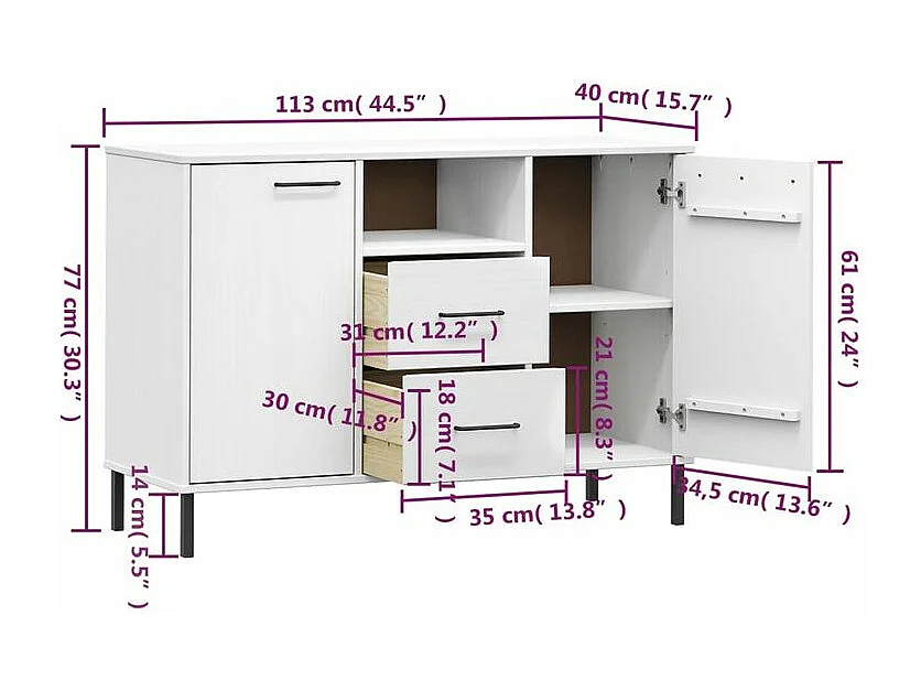 Buffet avec pieds en métal Blanc 113x40x77 Bois massif OSLO