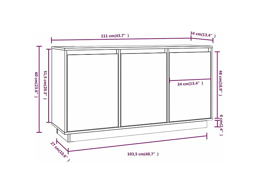 Petit buffet 3 portes en bois massif de pin Romane – Style classique et fonctionnel-Couleur Naturel