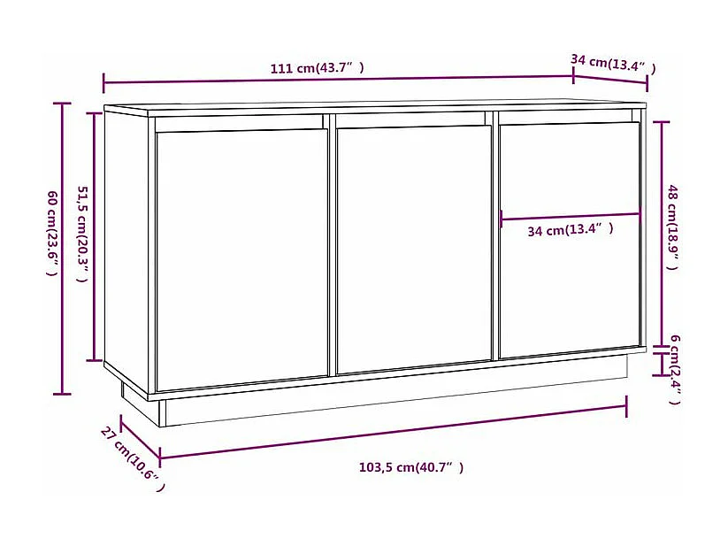Petit buffet 3 portes en bois massif de pin Romane – Style classique et fonctionnel-Couleur Naturel