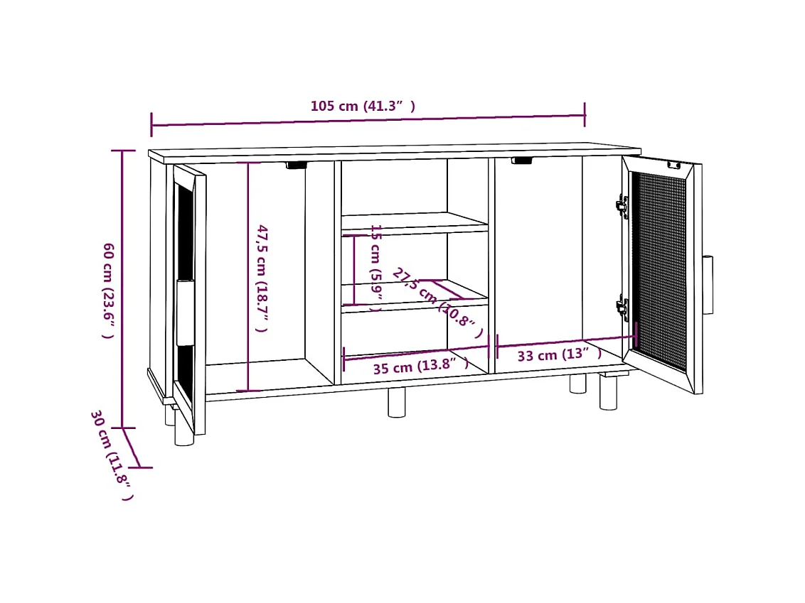 Buffet en bois avec 2 portes en Rotin naturel 105cm - Modèle Kaliga-Couleur Blanc