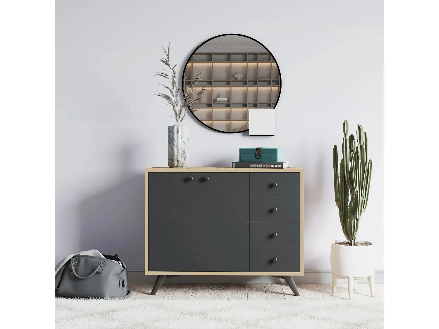 Commode 2 portes 4 tiroirs chêne clair et anthracite 100cm