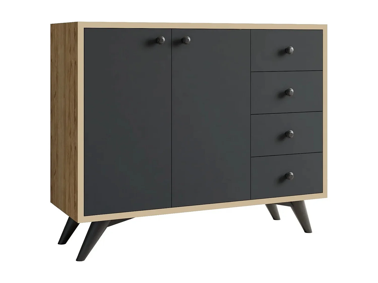 Commode 2 portes 4 tiroirs chêne clair et anthracite 100cm