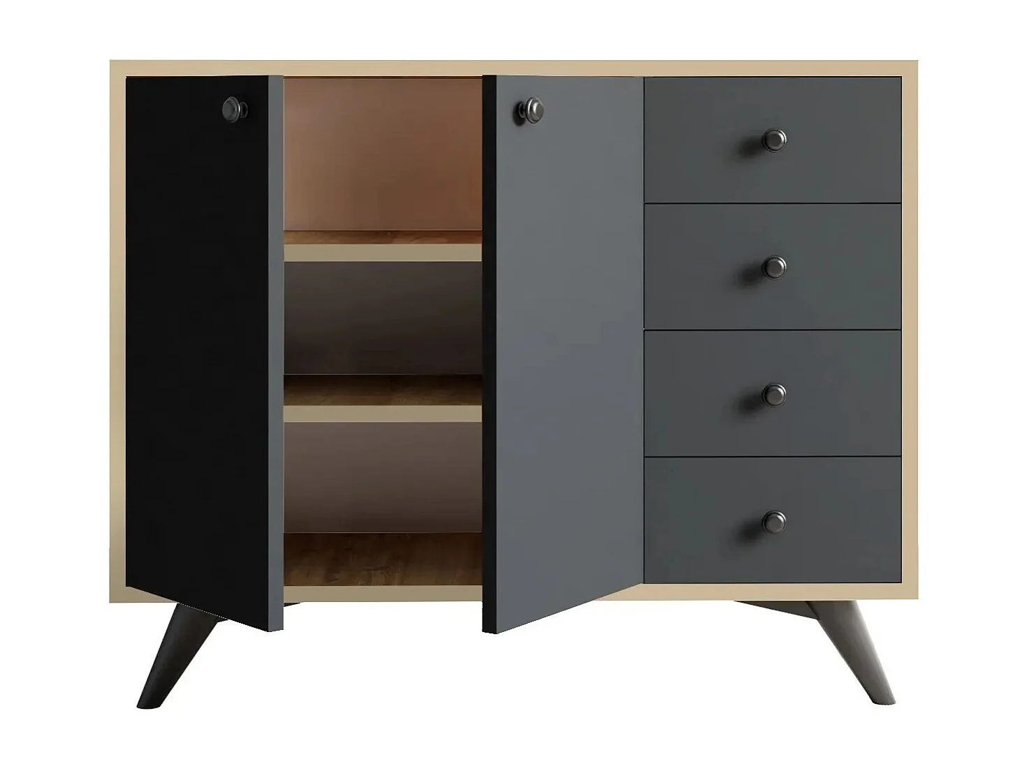 Commode 2 portes 4 tiroirs chêne clair et anthracite 100cm