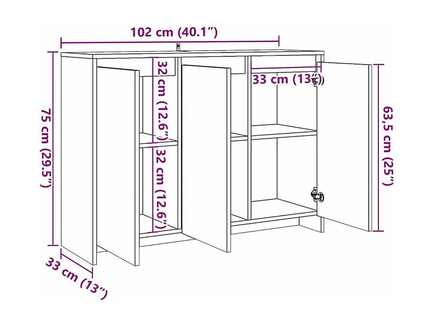 Petit buffet 3 portes 102cm – Modèle Kaola-Couleur Marron noisette
