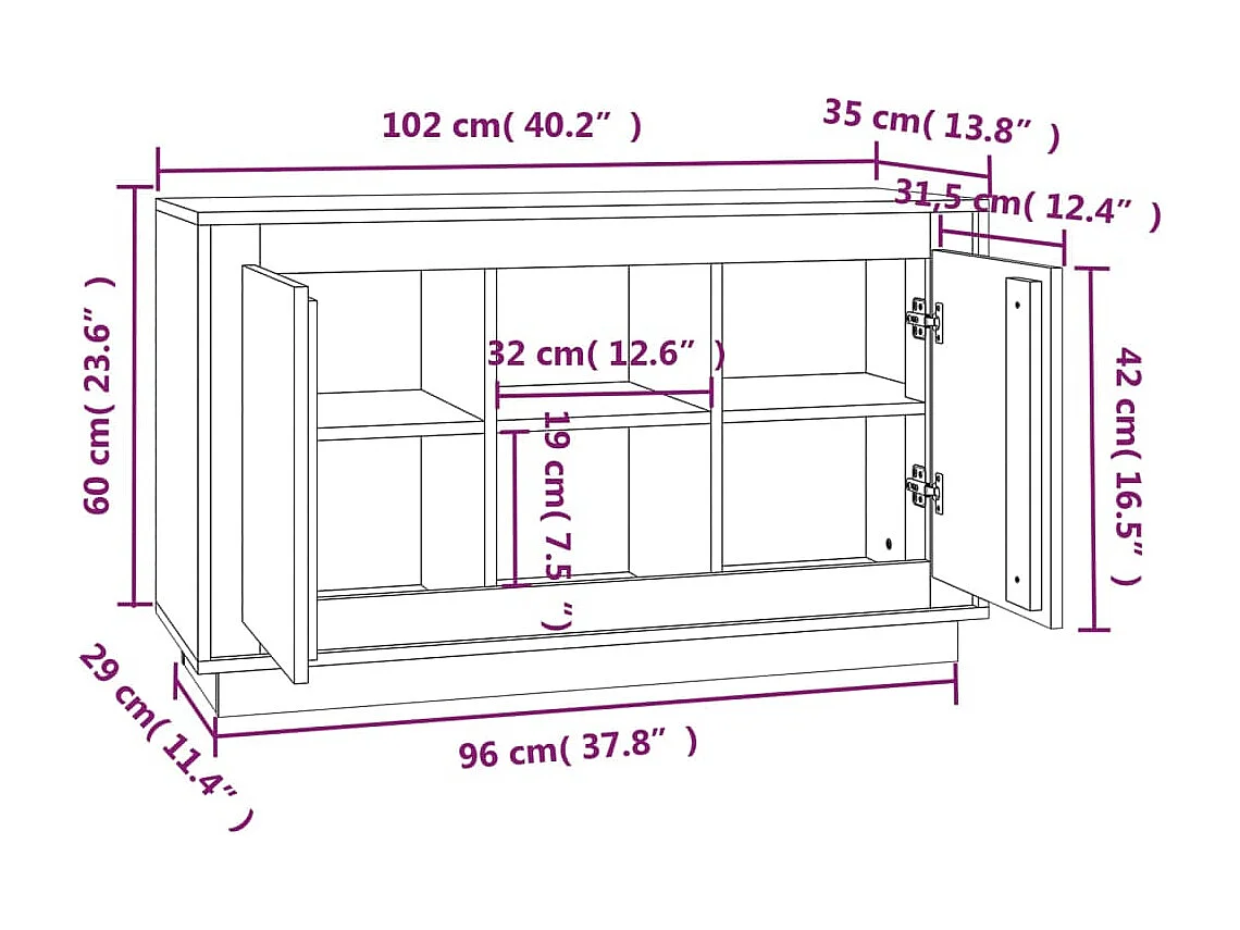 Petit buffet 2 portes 1 étagère extérieure 102cm – Modèle Novila-Couleur Blanc