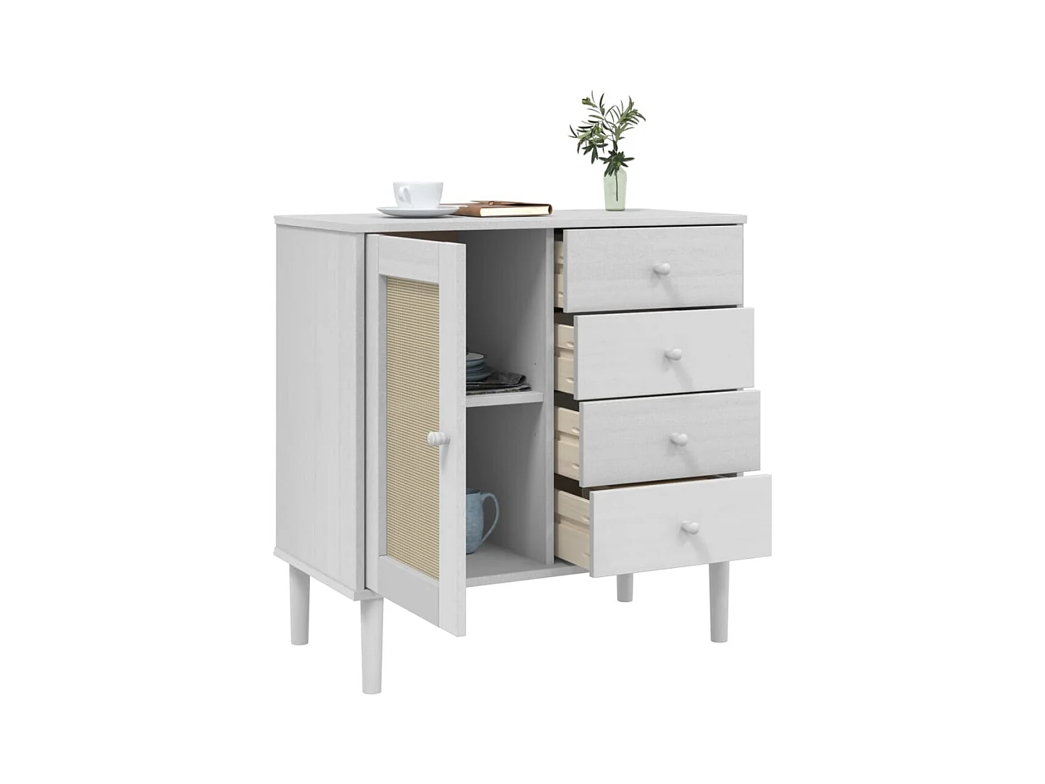 Buffet SENJA aspect rotin blanc 80x40x80 bois massif de pin