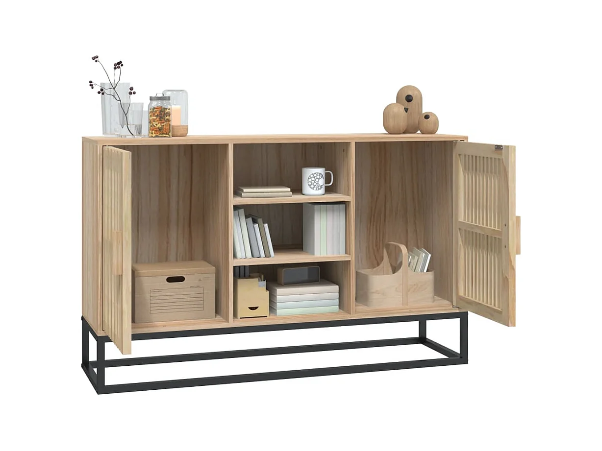 Petit buffet en bois naturel 2 portes 2 étagères et pieds en métal noir 105cm - Modèle Bolivia-Couleur Naturel