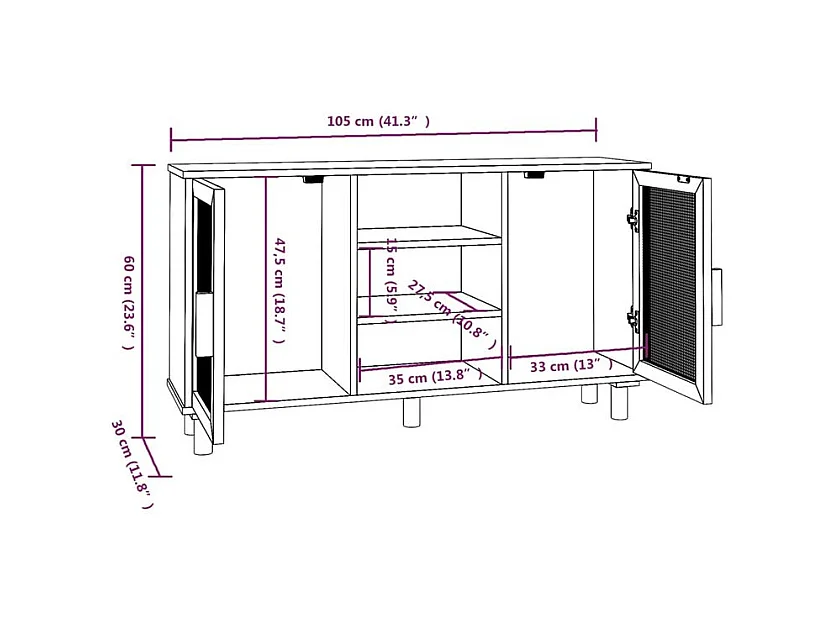 Buffet en bois avec 2 portes en Rotin naturel 105cm - Modèle Kaliga-Couleur Naturel