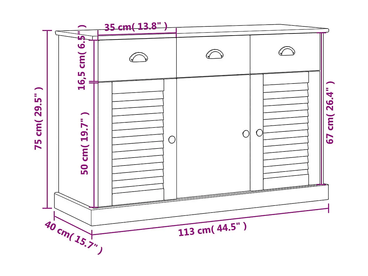 Buffet avec tiroirs VIGO 113x40x75 blanc bois massif de pin