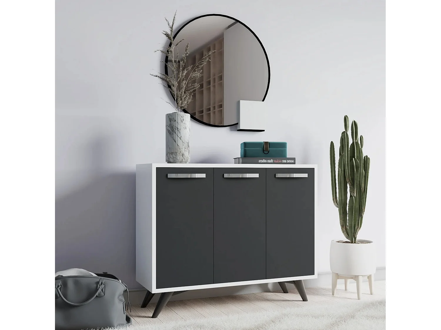 Petit buffet moderne blanc et anthracite 3 portes Fabio 100cm