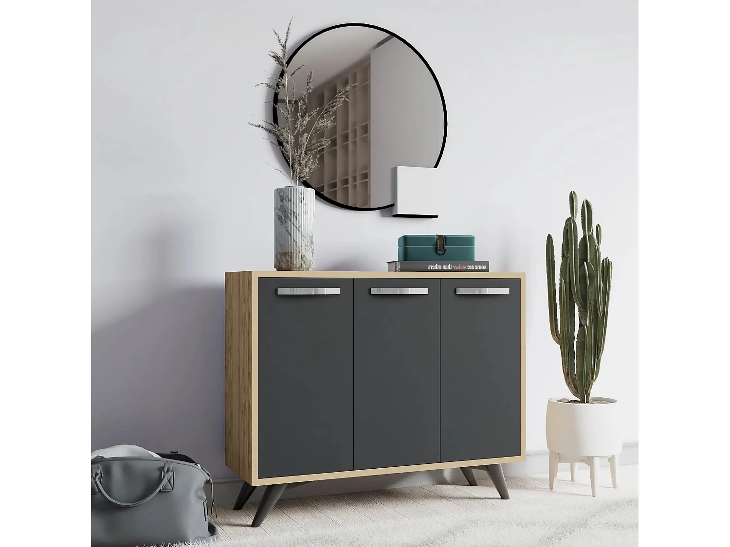 Petit buffet moderne chêne clair et anthracite 3 portes Fabio 100cm