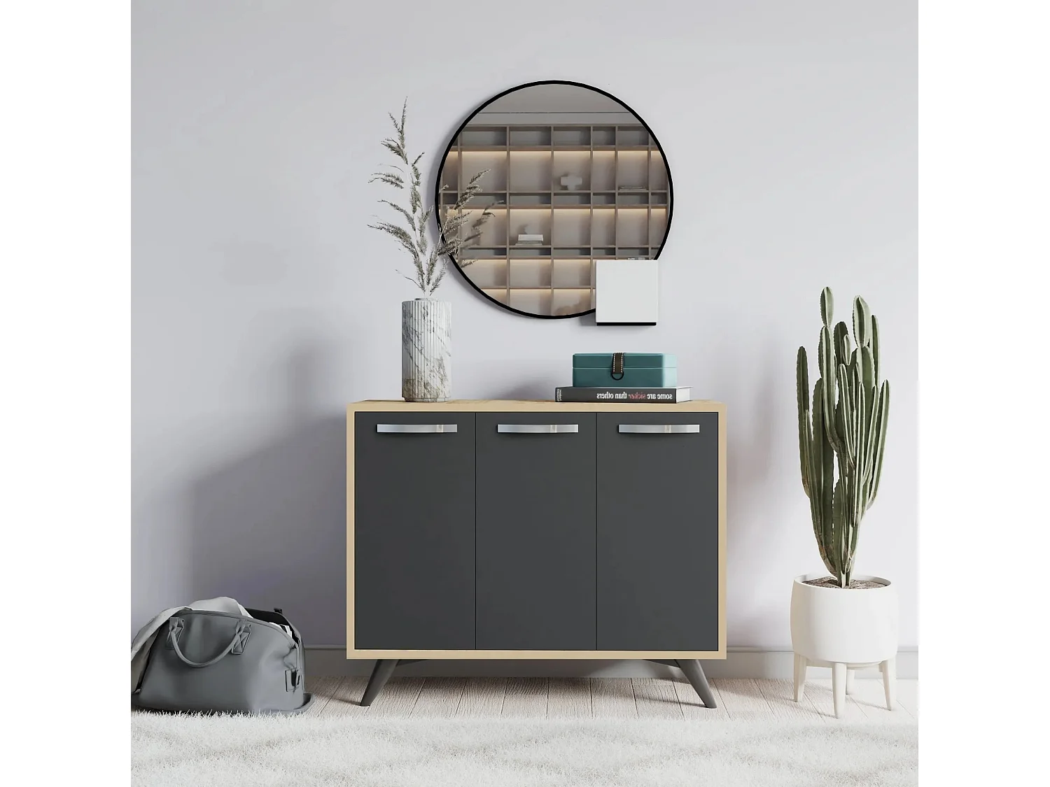 Petit buffet moderne chêne clair et anthracite 3 portes Fabio 100cm