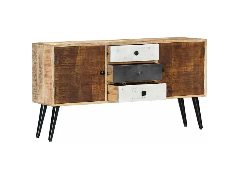 Buffet 2 portes 3 tiroirs manguier massif clair et pieds métal noir Bastia