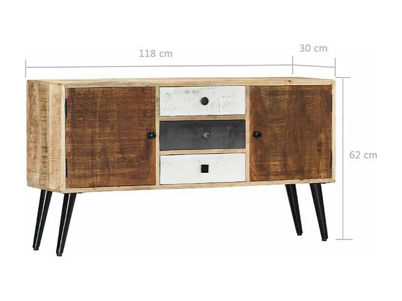 Buffet 2 portes 3 tiroirs manguier massif clair et pieds métal noir Bastia