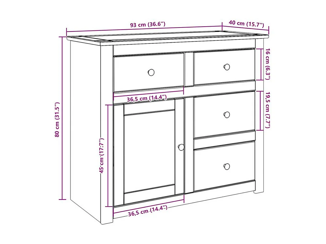 Buffet avec tiroirs Panama 93x40x80 bois massif de pin