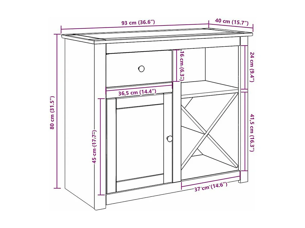 Buffet avec tiroir Panama 93x40x80 bois massif de pin