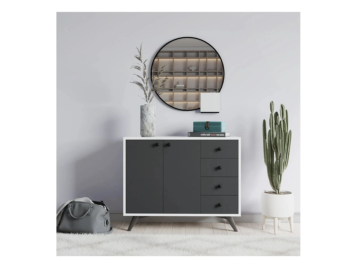 Commode 2 portes 4 tiroirs blanche et anthracite 100cm