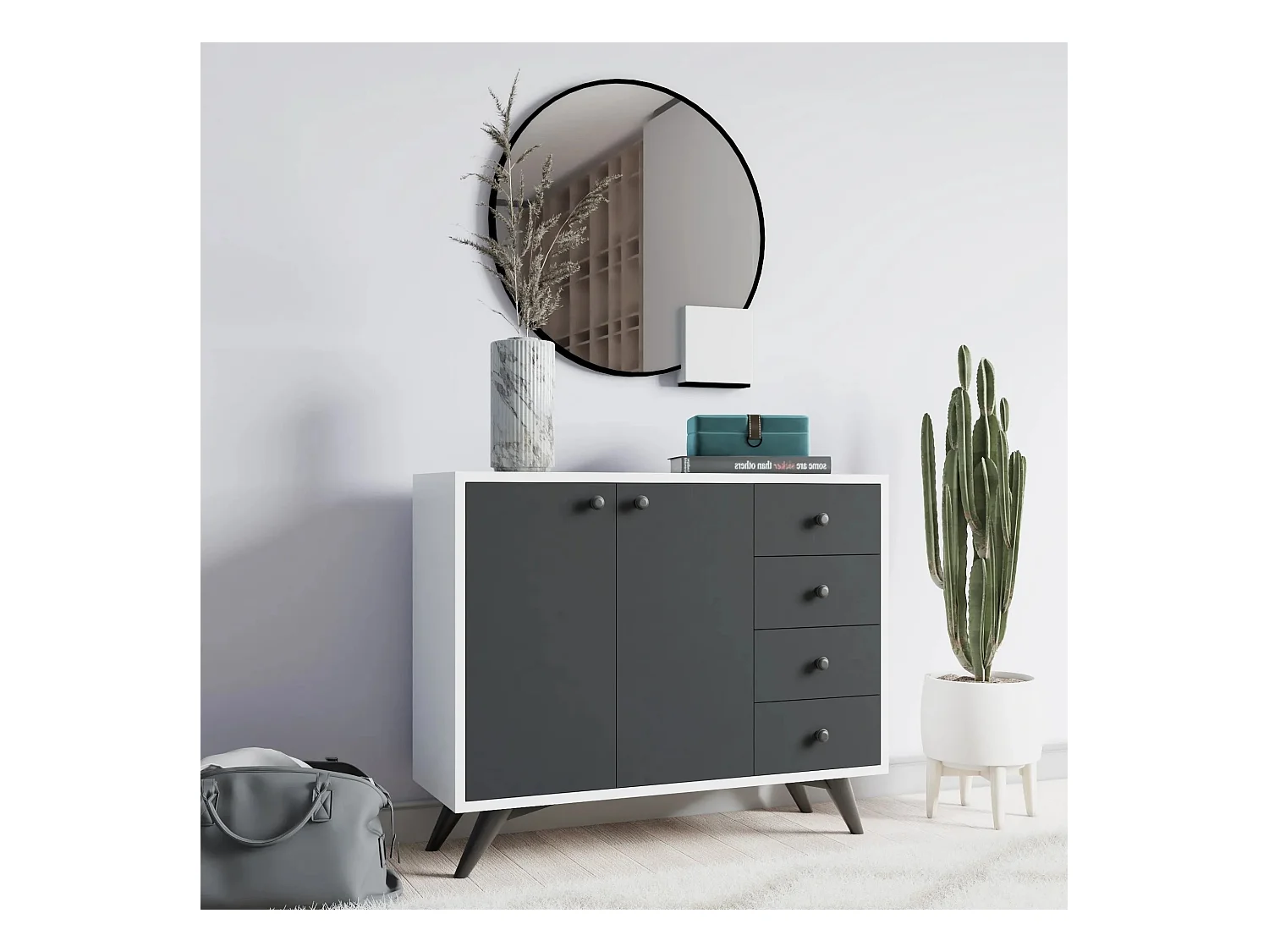 Commode 2 portes 4 tiroirs blanche et anthracite 100cm