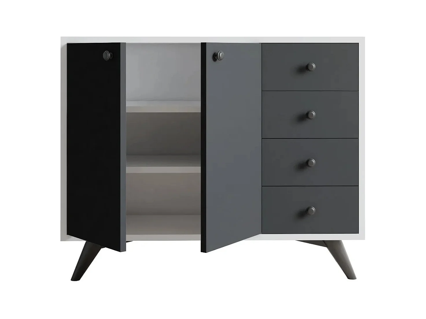 Commode 2 portes 4 tiroirs blanche et anthracite 100cm