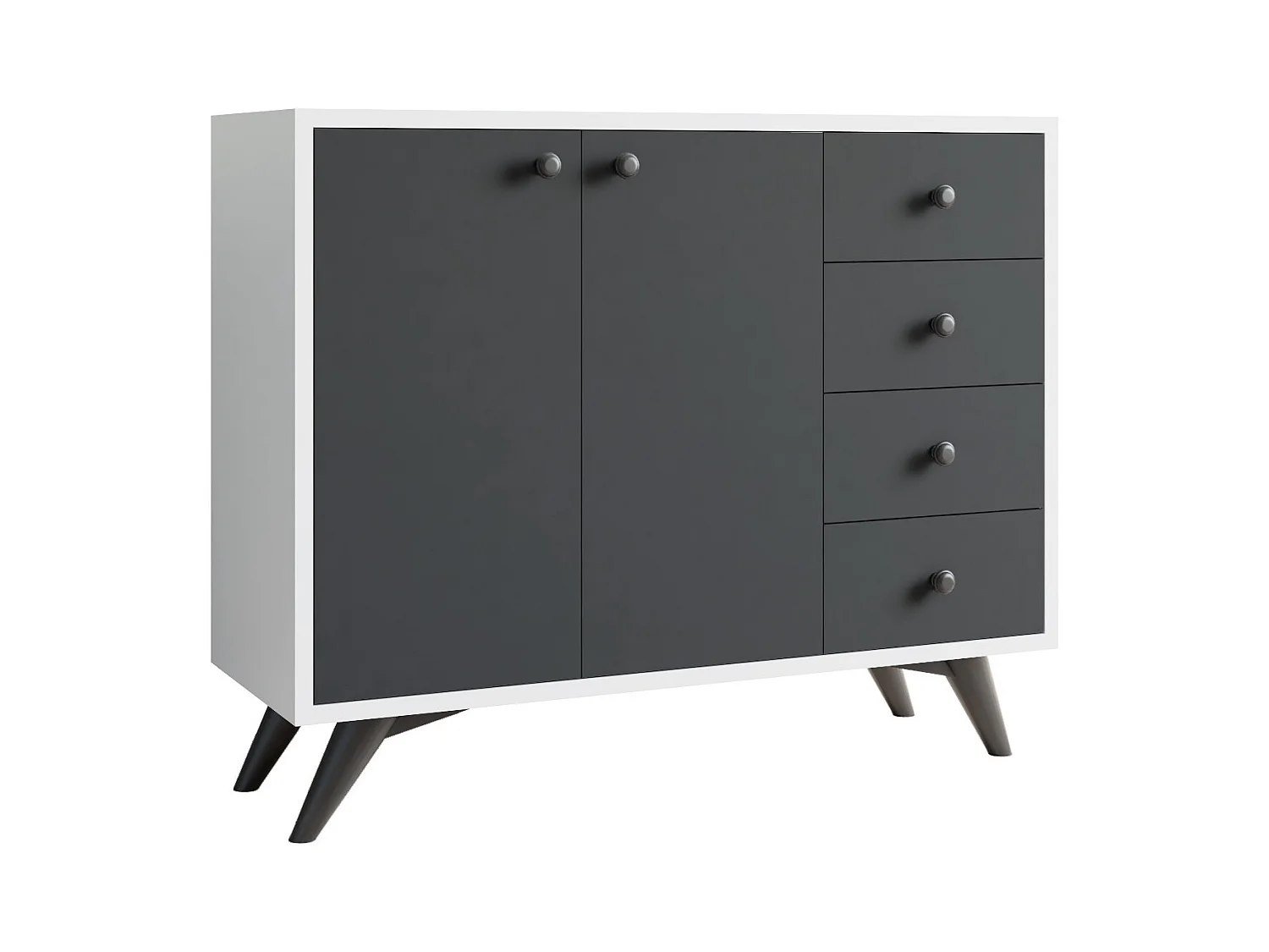 Commode 2 portes 4 tiroirs blanche et anthracite 100cm