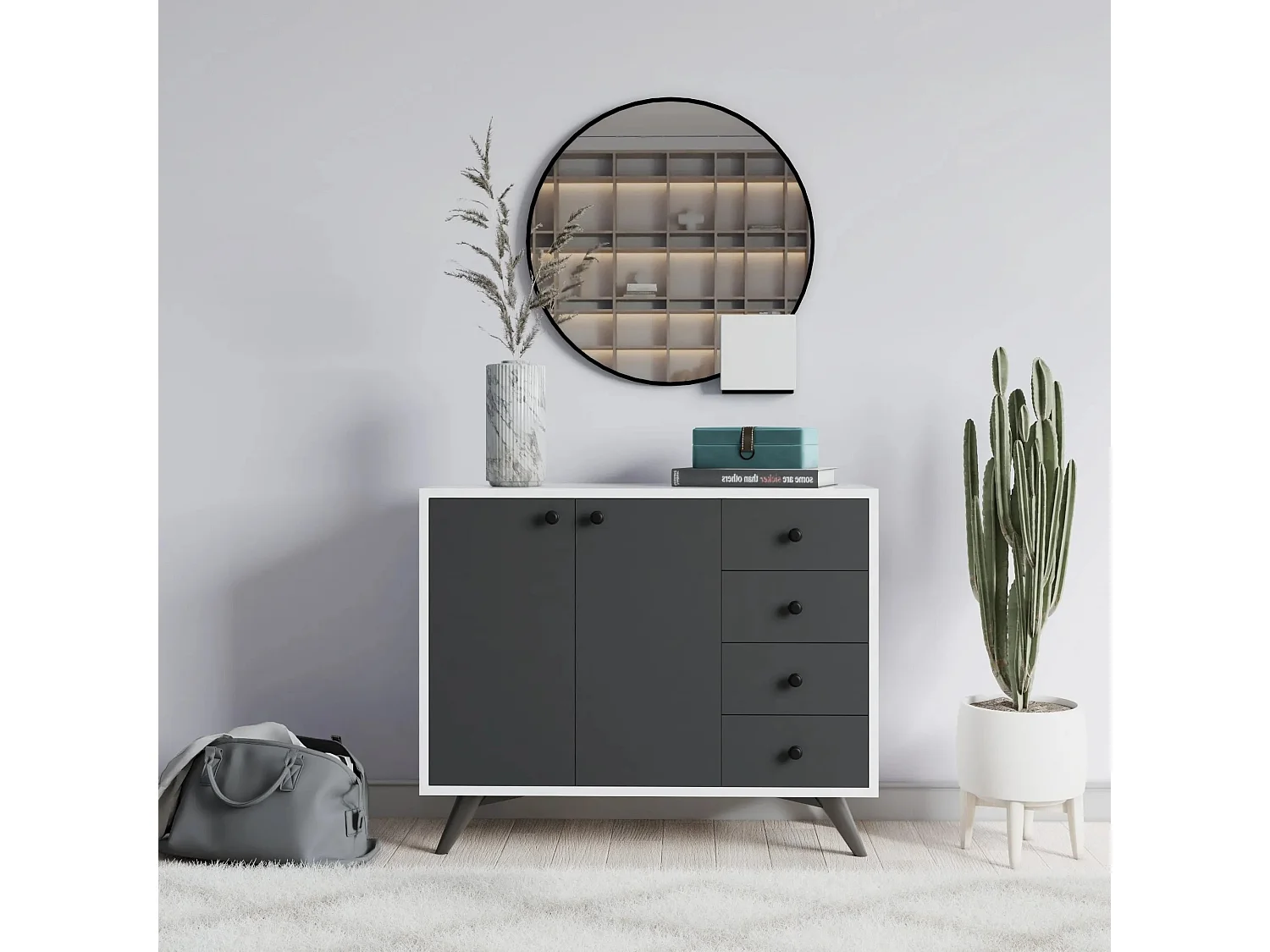 Commode 2 portes 4 tiroirs blanche et anthracite 100cm