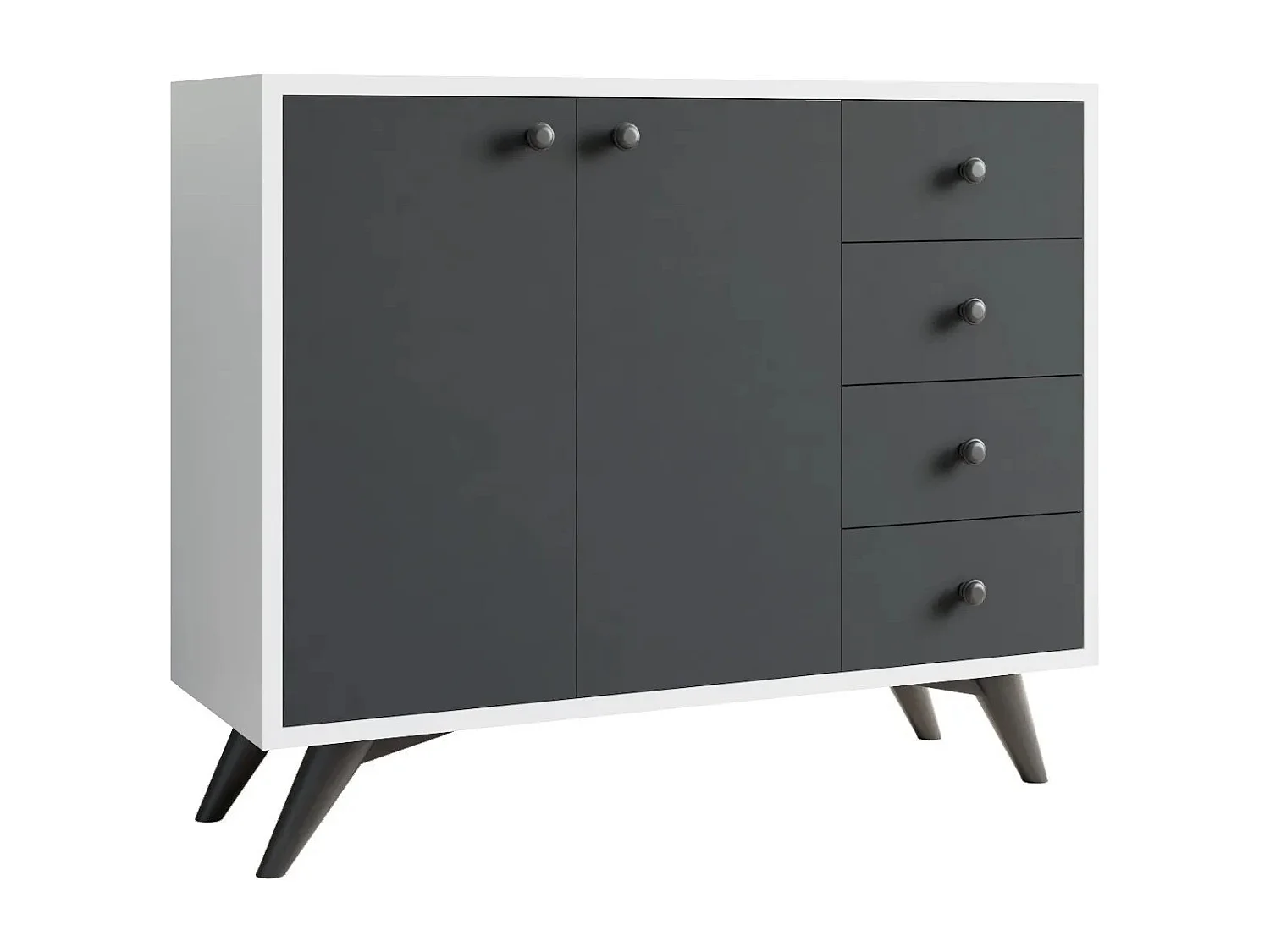 Commode 2 portes 4 tiroirs blanche et anthracite 100cm