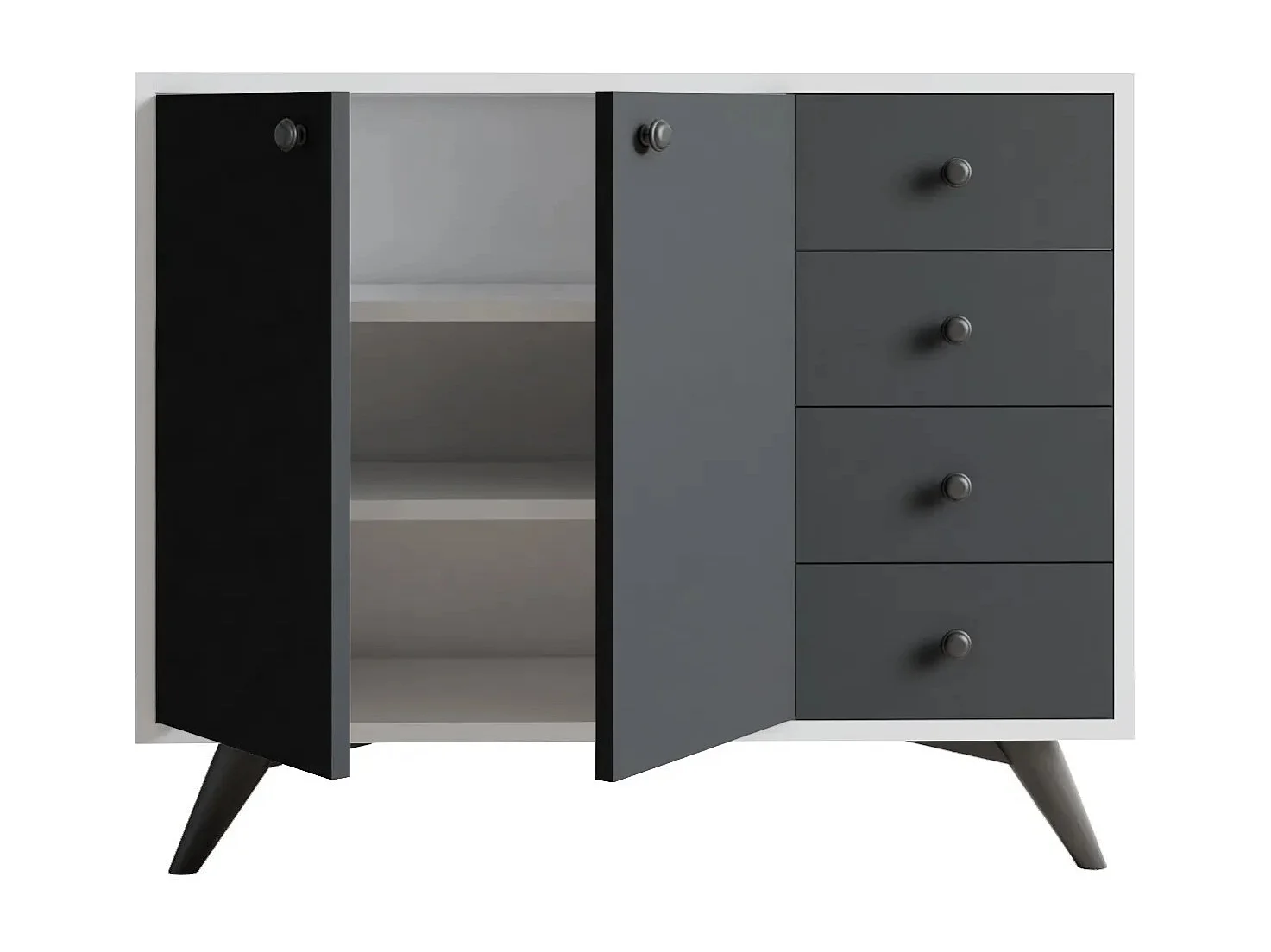 Commode 2 portes 4 tiroirs blanche et anthracite 100cm