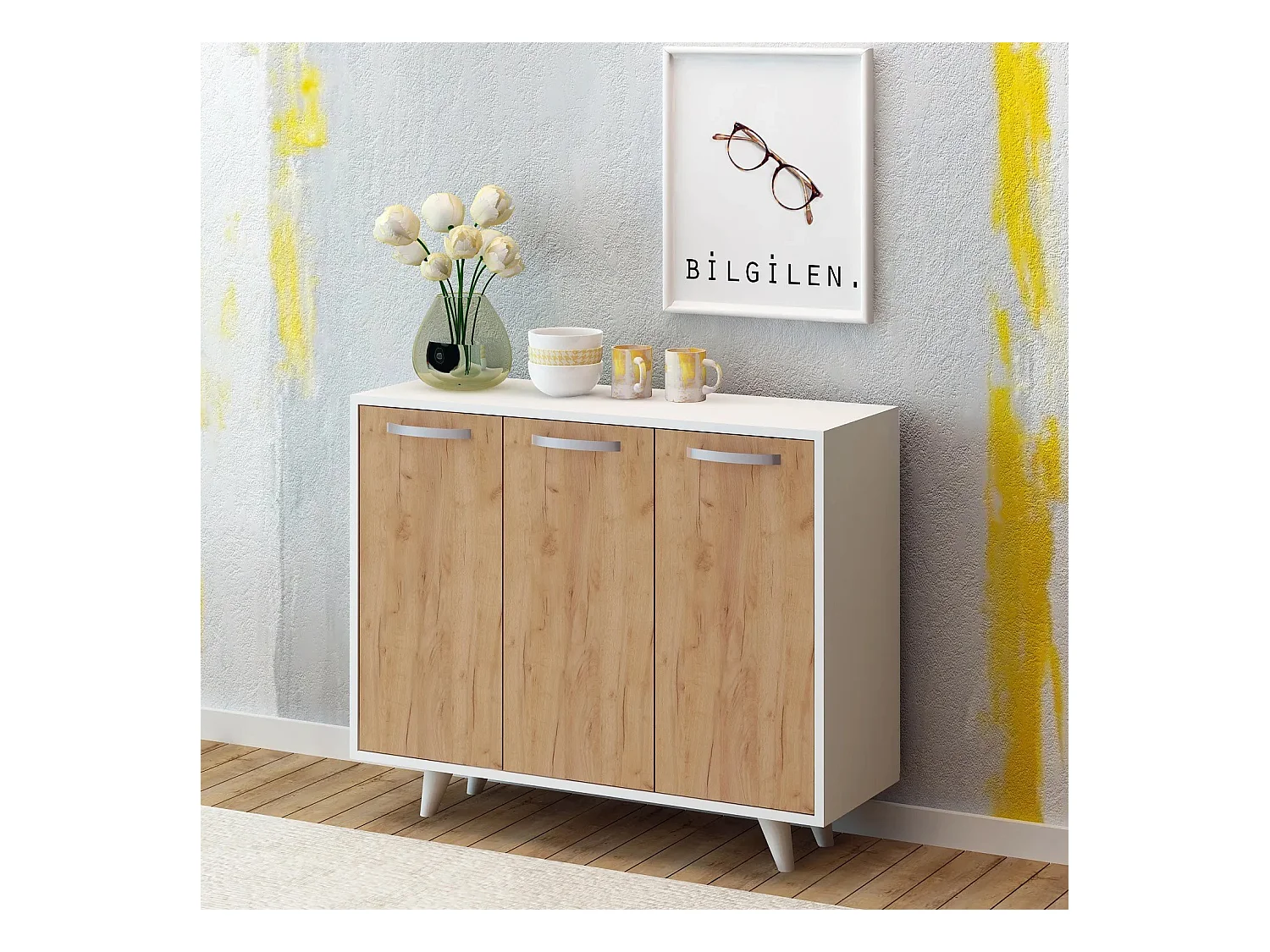 Petit buffet moderne blanc et chêne clair 3 portes Fabio 100cm