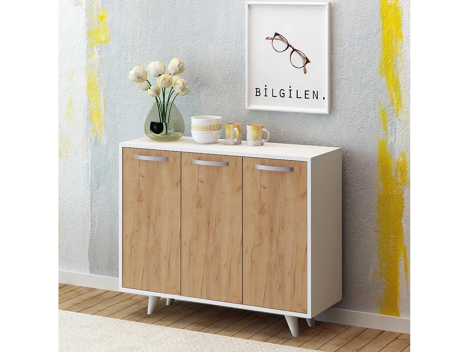 Petit buffet moderne blanc et chêne clair 3 portes Fabio 100cm